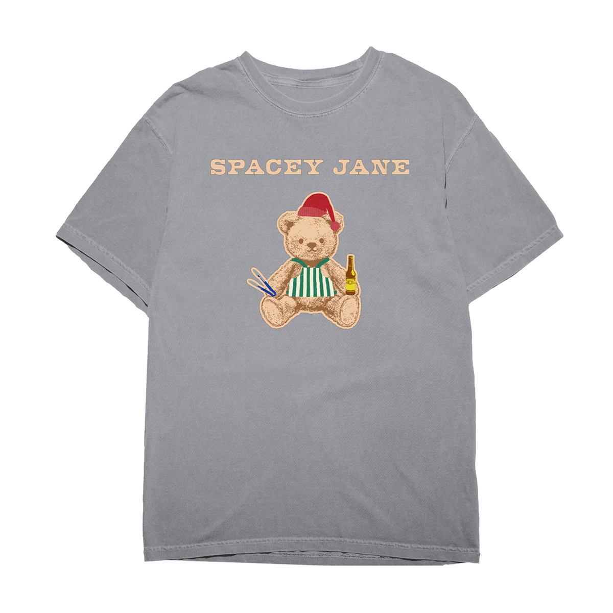 Gray t-shirt with a teddy bear holidn a bottle of beer graphic and 'Spacey Jane' text