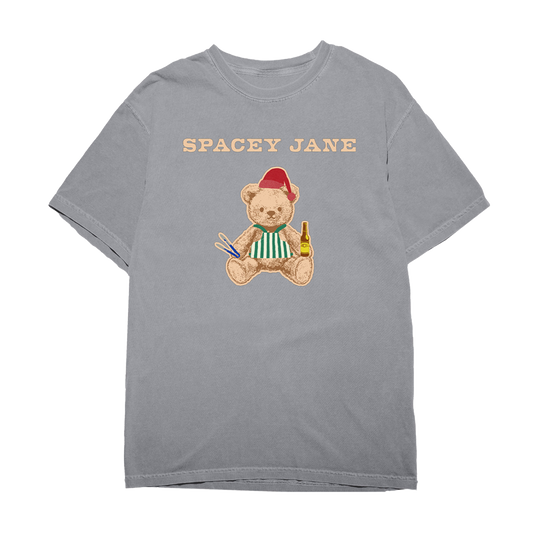 Gray t-shirt with a teddy bear holidn a bottle of beer graphic and 'Spacey Jane' text